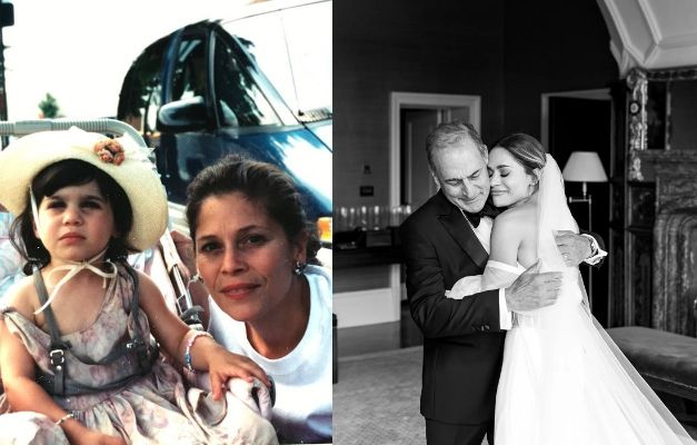An old photo Of Olivia Amato with her mother and a recent picture of Olivia Amato and her father at her wedding.